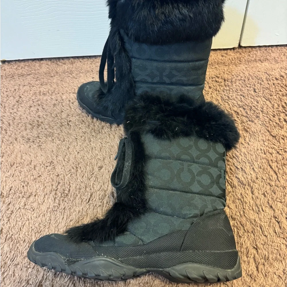 COACH Jennie Rabbit Fur Trim Monogram Snow Boots Black Size 9 - Picture 7 of 16